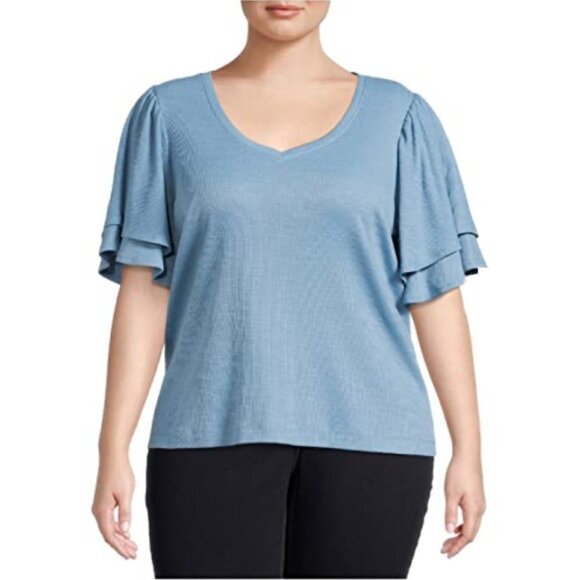 Terra & Sky Angel Aged Blue Plus Size Double Layered Sleeve Top - 1X - Picture 1 of 1